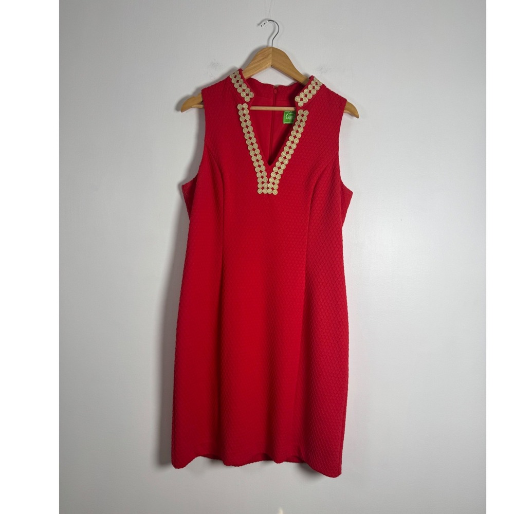 Preppy Pappagallo Women 10 Shift Dress Red Textured Gold Scallop Trim Sleeveless